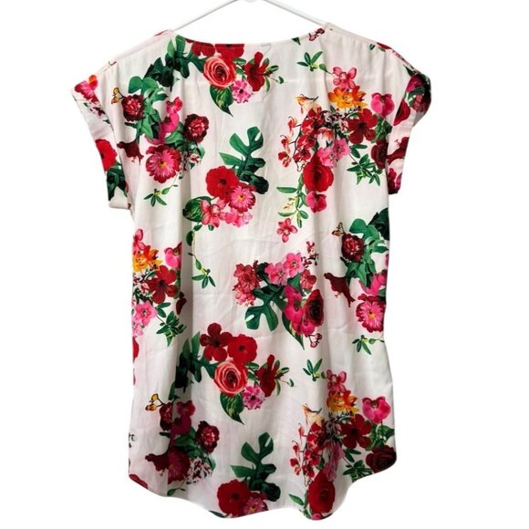 Express Women Size Medium Short Sleeve Blouse 1/2 Zip Floral Stretch Summer City - Picture 2 of 11